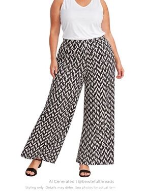 Resort Cruise Palazzo Pants Black White Graphic Wide Leg Pull On 1X